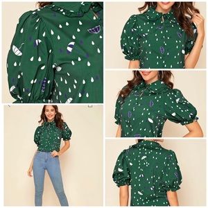 Umbrella Print Blouse with Puff Sleeves (L)